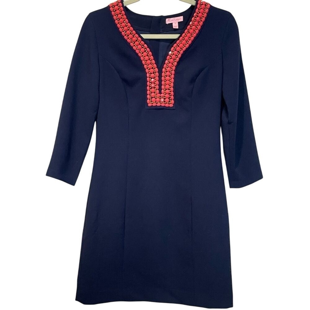 Lilly Pulitzer BEADED Bennett Shift Dress Navy‎ Coral Beading Size 2